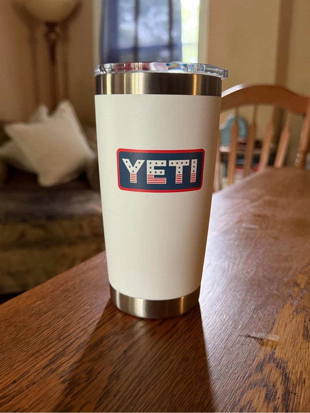 Yeti White Tumbler with Red & Blue Patriotic Logo